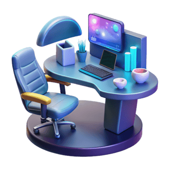 Modern Home Office Setup Ergonomic Chair, Computer Desk, and Accessories png