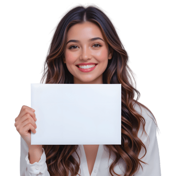 Smiling Woman Long Wavy Brown Hair White Top Holding Blank Sign Bright Teeth Glowing Skin Studio Lighting Professional Portrait png