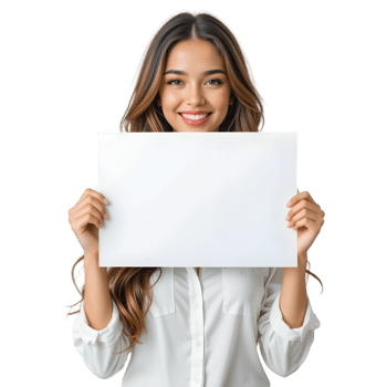 Smiling Young Woman Holding Blank White Sign Wavy Brown Hair White Blouse Transparent Background Studio Lighting Advertising Mockup png