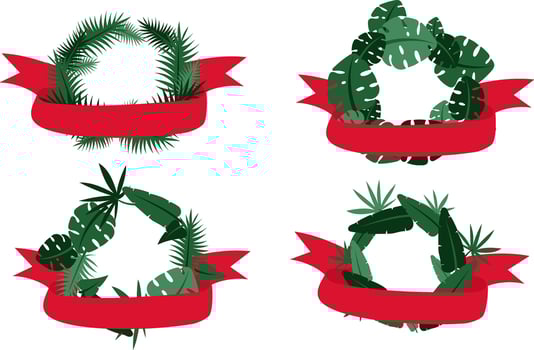 set of wreaths made of tropical palm leaves for party invitations, posters. Flat exotic frame with ribbon. Collection of tropical motifs for inscriptions. Holidays, wedding, birthday in the tropics vector