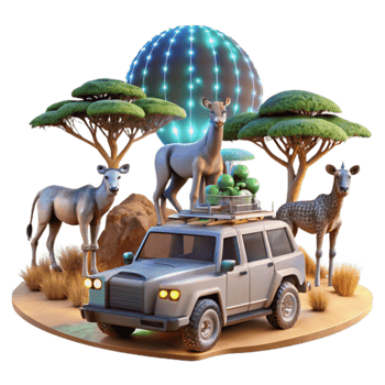 Safari Adventure Wildlife, Vehicle, and Lush Landscape png