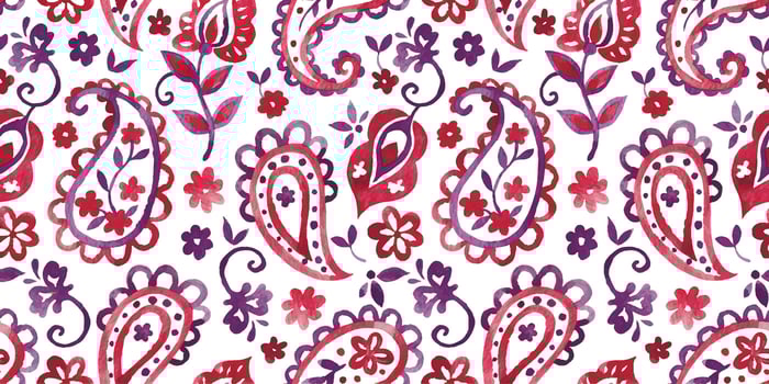 watercolor seamless pattern with oriental paisley in red and purple color on a white background vector