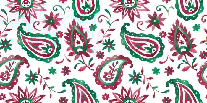 watercolor seamless pattern with oriental paisley in green and pink color on a white background vector