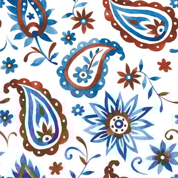watercolor seamless pattern with oriental paisley in blue and brown color on a white background vector