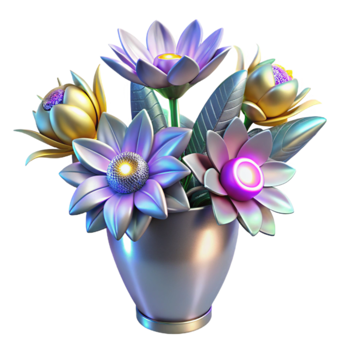 Metallic Flower Vase Iridescent Blooms, 3D Render png