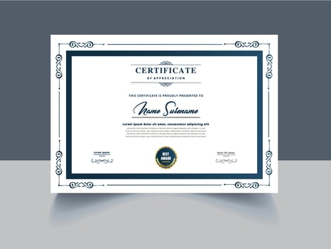 Certificate template with blue border and ornate design vector