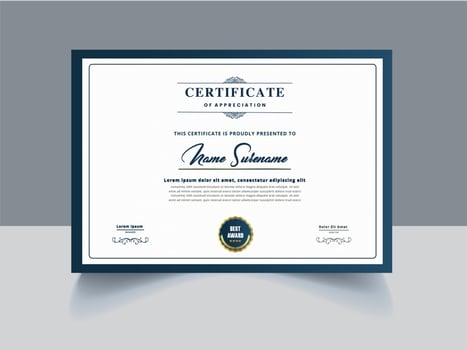 Certificate template with blue border and gold emblem vector