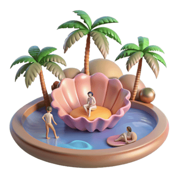 Tropical Getaway Palm Trees, Shell Pool, Summer Fun png