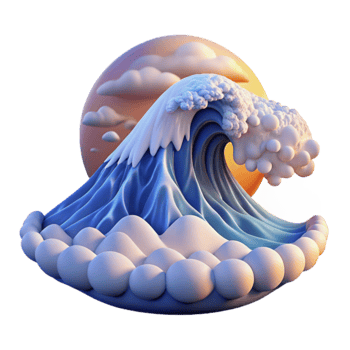Stylized 3D Wave Art Ocean, Clouds, Sunset, Blue, Abstract png