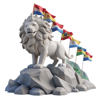 Majestic Lion Statue Atop Rocky Peak with Flags png