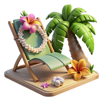 Tropical Vacation Beach Chair, Palm Tree, Flowers png
