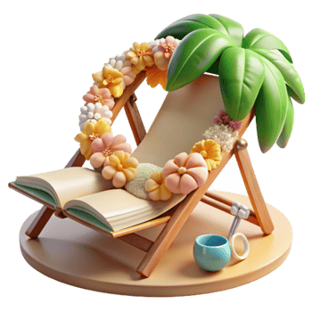 Relaxing Summer Vacation Beach Chair, Book, Flowers png