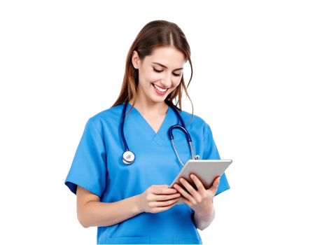 A woman in blue scrubs is holding a tablet png