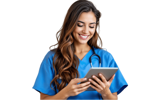 A smiling nurse holding a tablet computer png