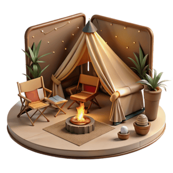 Cozy Camping Scene Tent, Fire, and Camp Chairs png