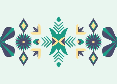 A geometric Native American tribal pattern decorates fabric, tile and carpet on a light green color background vector