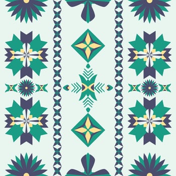 Tribal fabric, tile and carpet feature a geometric Native American pattern on a light green color background vector
