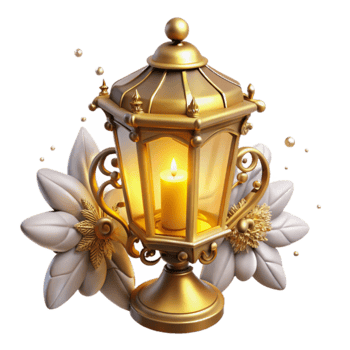 Golden Lantern with Flowers Illuminated Candle in Ornate Design png