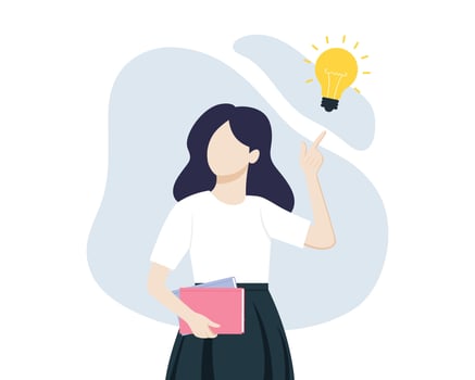 business woman character thinking holding book. Problem solving, idea and creativity concept. Flat illustration vector
