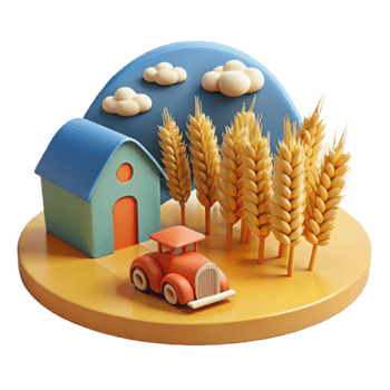 Farmhouse, Wheat Field, and Toy Car 3D Render png