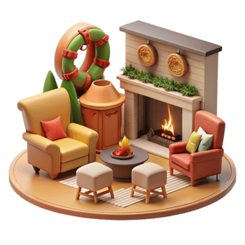Cozy Winter Fireplace Scene Festive 3D Render png