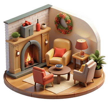 Cozy Christmas Fireplace Room 3D Render png