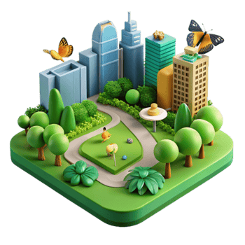 Urban Park Cityscape with Butterfly and Green Space png