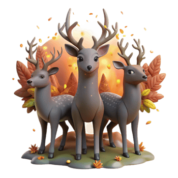 Autumn Deer Trio 3D Render of Cute Reindeer in Fall png