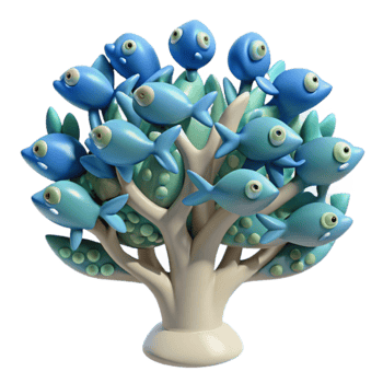 Whimsical Fish Tree 3D Render of Cartoon Aquatic Life png