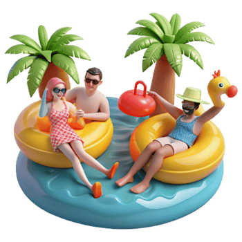 Tropical Summer Fun Pool Floaties, Palm Trees, and Relaxation png