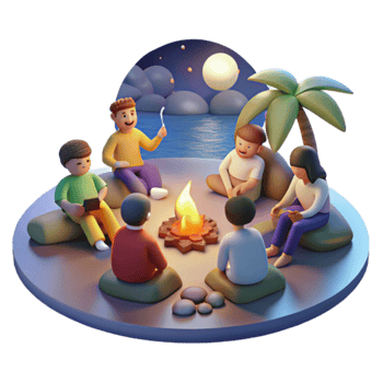 Nighttime Gathering Friends Around Campfire on Beach png