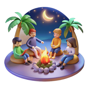 Nighttime Campfire Gathering Friends Enjoying Bonfire Under the Moon png