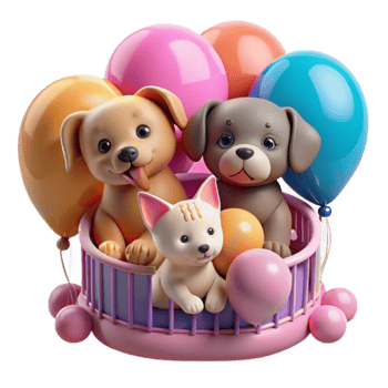 Adorable Pets with Balloons in Playpen png