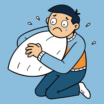 Sad Boy Hugging Pillow Crying Cartoon Illustration vector