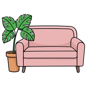 Pink Sofa and Monstera Plant in a Pot Living Room Interior Design Illustration vector