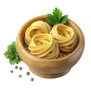 Delicious Pasta Nest in Wooden Bowl with Herbs png