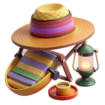 Summer Vacation Sun Hat, Lounger, Lantern, Coffee png