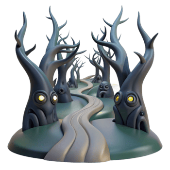 Spooky Forest Path 3D Render of Twisted Trees png