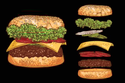 ham burger line art hand drawn fast food with lettuce, cucumber, cheese, onion, minced meat, bread bun. Flying separate ingredients on black background. vector