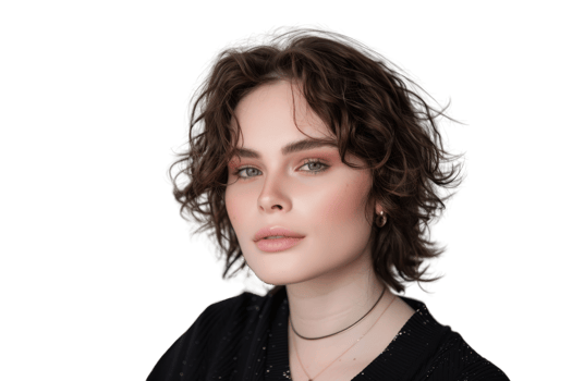Striking Androgynous Person with Curly Hair and Subtle Makeup Capturing Fluid Gender Expression in a Portrait png