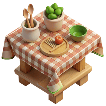 Rustic Table Setting Wooden Table, Checkered Tablecloth, Fruit Bowl png
