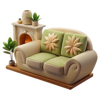 Cozy Living Room Sofa, Fireplace, Plants png