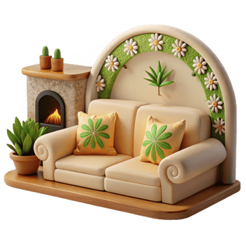 Cozy Living Room with Fireplace Floral Arch png