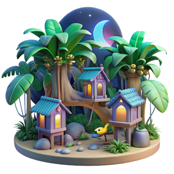 Tropical Night Scene Moonlit Birdhouses in Lush Foliage png