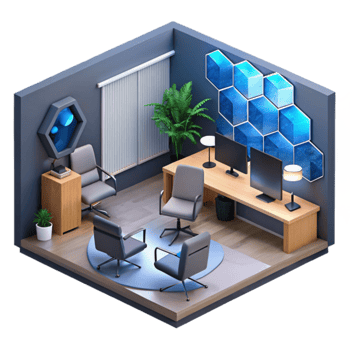 Modern Office Design Hexagon Wall Decor, Ergonomic Chairs, and Desk Setup png