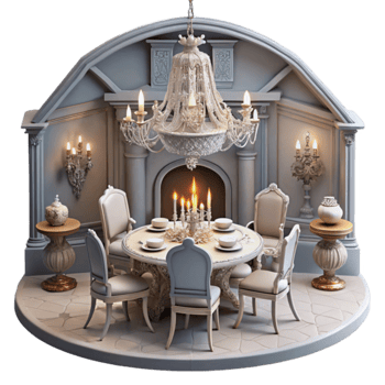 Elegant Dining Room with Fireplace and Chandelier png