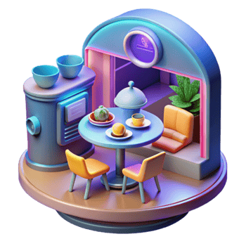 3D Render of Cozy Cafe Interior Table, Chairs, Food png