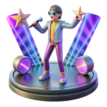 Singer on Stage with Neon Lights and Stars png