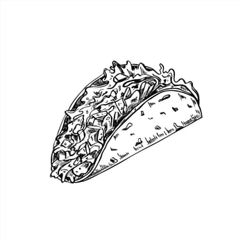 Tacos filling with vegetables, grilled beef, salad leaves illustration painted by black inks. Street fast tortilla wrap food. etching drawing. Traditional Mexican take away burritos sketch vector