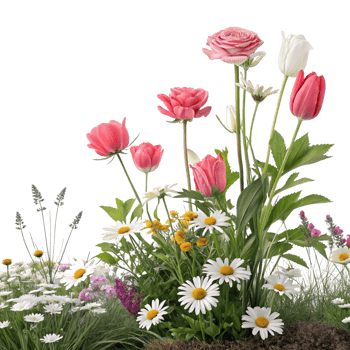 A group of flowers in a garden isolated on transparent background png
